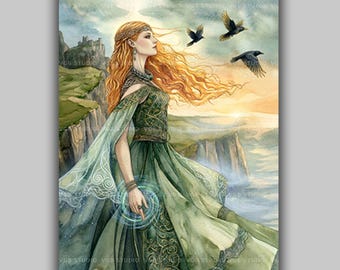 Cliodhna Celtic Fairy Queen With Sacred Birds Irish Mythology Goddess Wall Art Print, Sidhe Goddess Of Beauty Fantasy Pagan Decor AL15