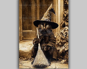 Black Cat Witch Wall Art Print, Vintage Halloween Feline with Broom, Sepia Animal Portrait, Spooky Victorian Gothic Dark Academia Gift S45