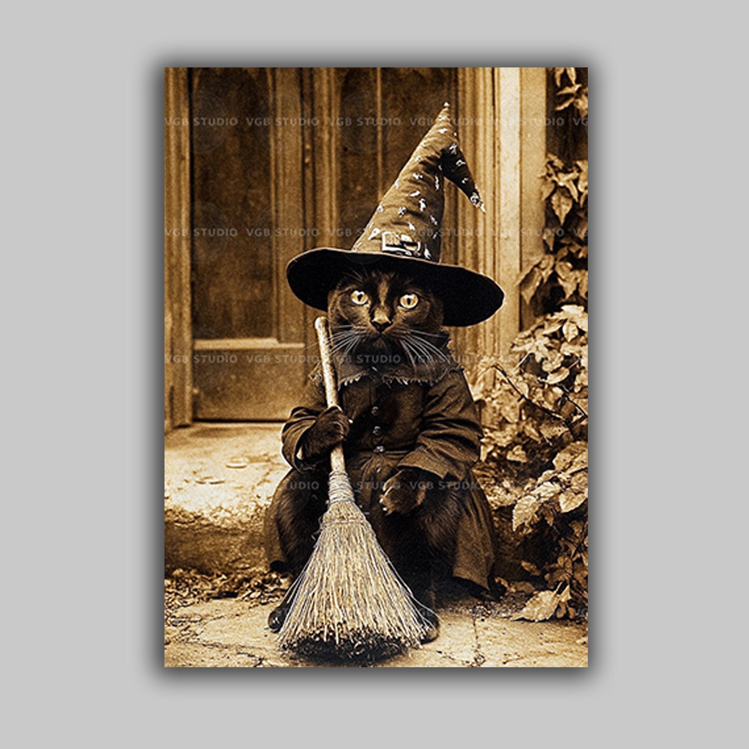 Vintage Black Cat Witch Art Print Halloween Wall Decor Sepia Gothic ...