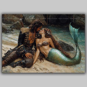 Pirate and Mermaid Art Print Romantic Fantasy Couple Ocean Beach Decor Nautical Mythology Sea Lover Gift Whimsical Fairytale Painting y86