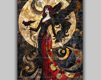 The Morrigan Art Print Irish Mythology Raven Goddess Celtic Pagan Decor Dark Priestess Artwork Witch Altar Gothic Mosaic Fantasy Print y58