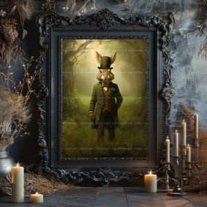 Impresión artística de conejo vintage, póster de liebre victoriana, decoración de Alicia en el País de las Maravillas, arte de pared de animales para guardería, decoración del Día de San Patricio, caballero irlandés J33 imagen 6