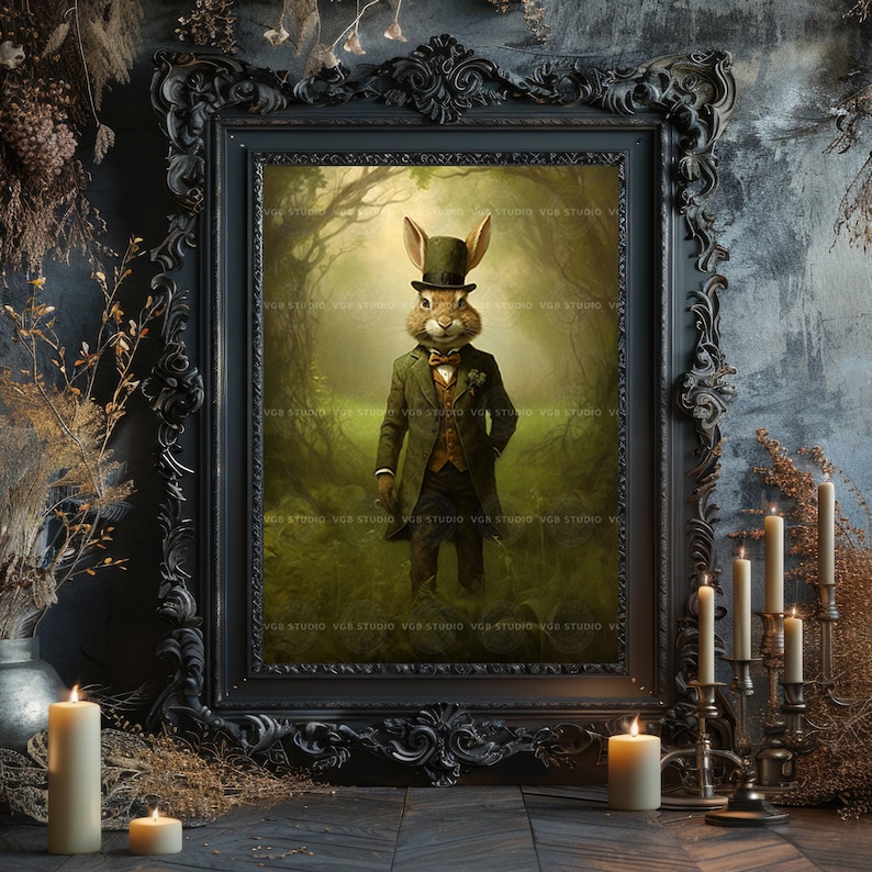 Impresión artística de conejo vintage, póster de liebre victoriana, decoración de Alicia en el País de las Maravillas, arte de pared de animales para guardería, decoración del Día de San Patricio, caballero irlandés J33 imagen 6