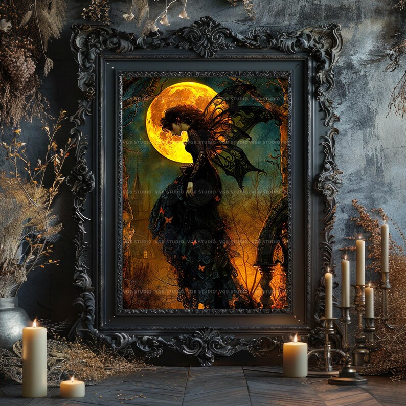 Gothic Fairy Art Print, Victorian Fae in Black Lace Under Harvest Moon, Church Spire and Copper Butterflies, Whimsigoth Halloween Decor q94 image 5