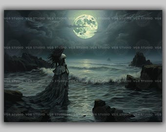 Sea Witch Art Print, Gothic Woman in the Ocean, Full Moon Coastal Wall Decor, Dark Victorian Seascape Painting, Witchcraft Poster G30
