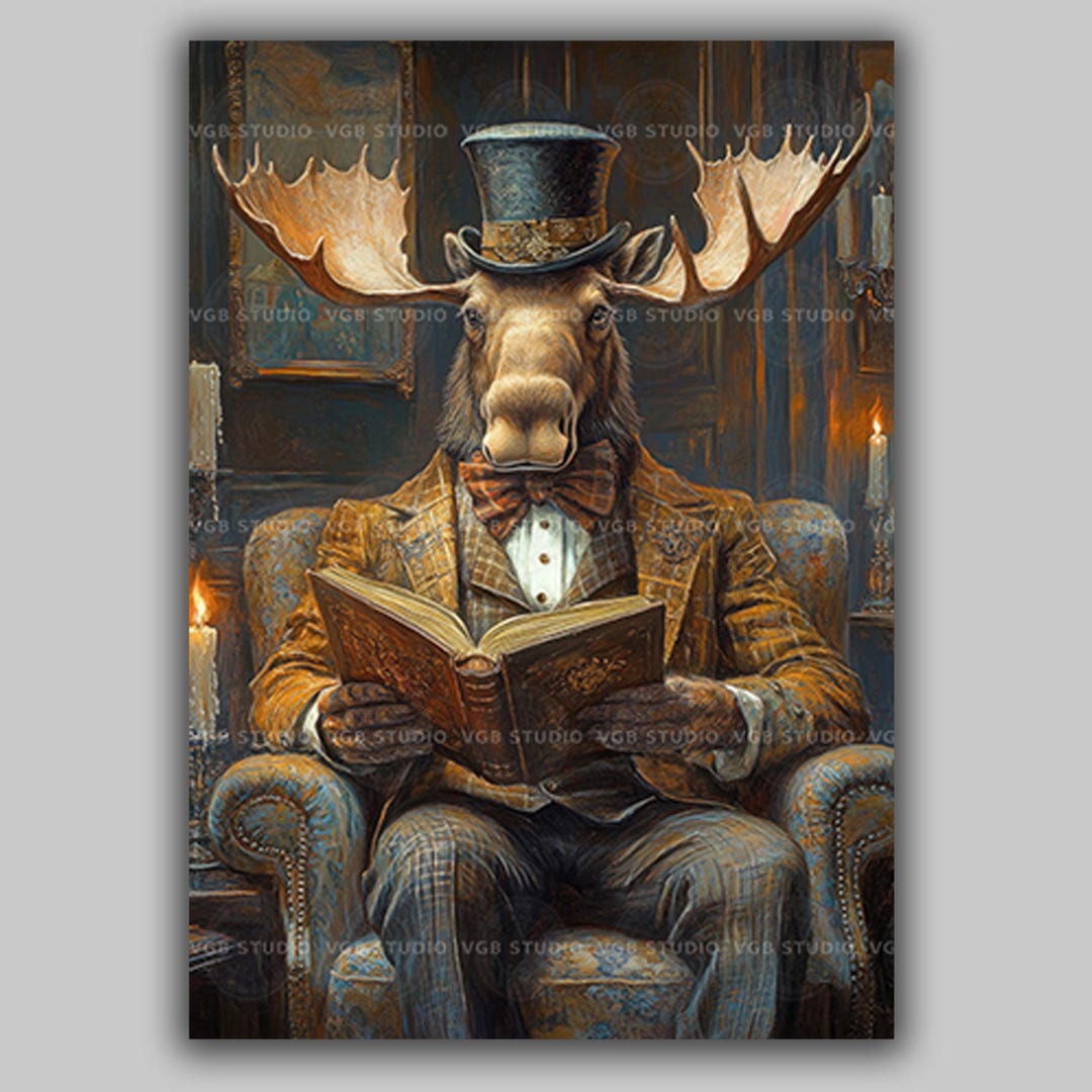 Moose Decor Wall Art Print, Bookish Gifts, Victorian Animal