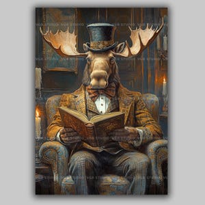 Moose Reading Book Art Print | Gentleman Moose in Victorian Library | Anthropomorphic Animal Portrait Wall Art Rustic Lodge Cabin Decor ag08