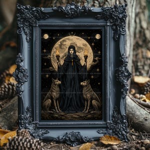 May include: A rectangular black ornate frame containing a dark illustration of a cloaked figure holding two lit torches, flanked by two wolves under a large full moon and starry night sky. The frame features intricate floral and scrollwork carvings.