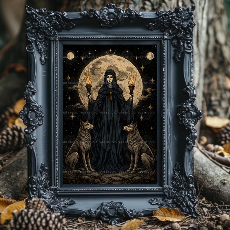 May include: A rectangular black ornate frame containing a dark illustration of a cloaked figure holding two lit torches, flanked by two wolves under a large full moon and starry night sky. The frame features intricate floral and scrollwork carvings.