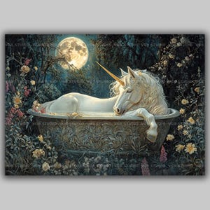 Eenhoorn bad muur kunst print, maanverlichte tuin badkamer decor fantasie paard poster Cottagecore gotische bloemen cadeau horizontale magische scène ac32 afbeelding 1