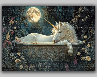 Unicorn Bath Wall Art Print, Moonlit Garden Bathroom Decor Fantasy Horse Poster Cottagecore Gothic Floral Gift Horizontal Magical Scene ac32