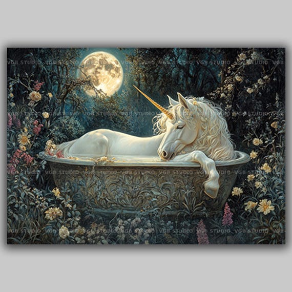Unicorn Moonlight Art Print | Fantasy White Horse Garden Bath Flowers | Whimsical Magical Fairytale Wall Decor Enchanted | AC32