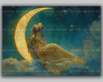 Moon Maiden Sitting on Crescent in Starry Sky, Celestial Fantasy Wall Art, Dreamy Night Goddess Print, Whimsical Cloud and Star Decor M74