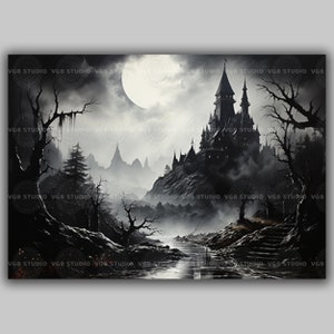 Illustration sombre gothique de la pleine lune du château de Dracula, oeuvre d&#39;art classique baroque, affiche impression art déco gothique, roi vampire, f46