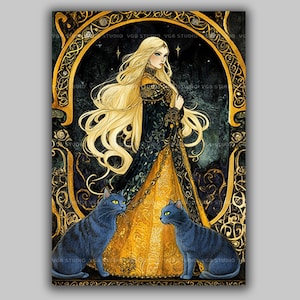 Freya Art Print Norse Goddess Cats Gold Mythology Viking Wall Decor Nordic Pagan Magic Cat Familiar Pre Raphaelite Goddess Art Nouveau z05