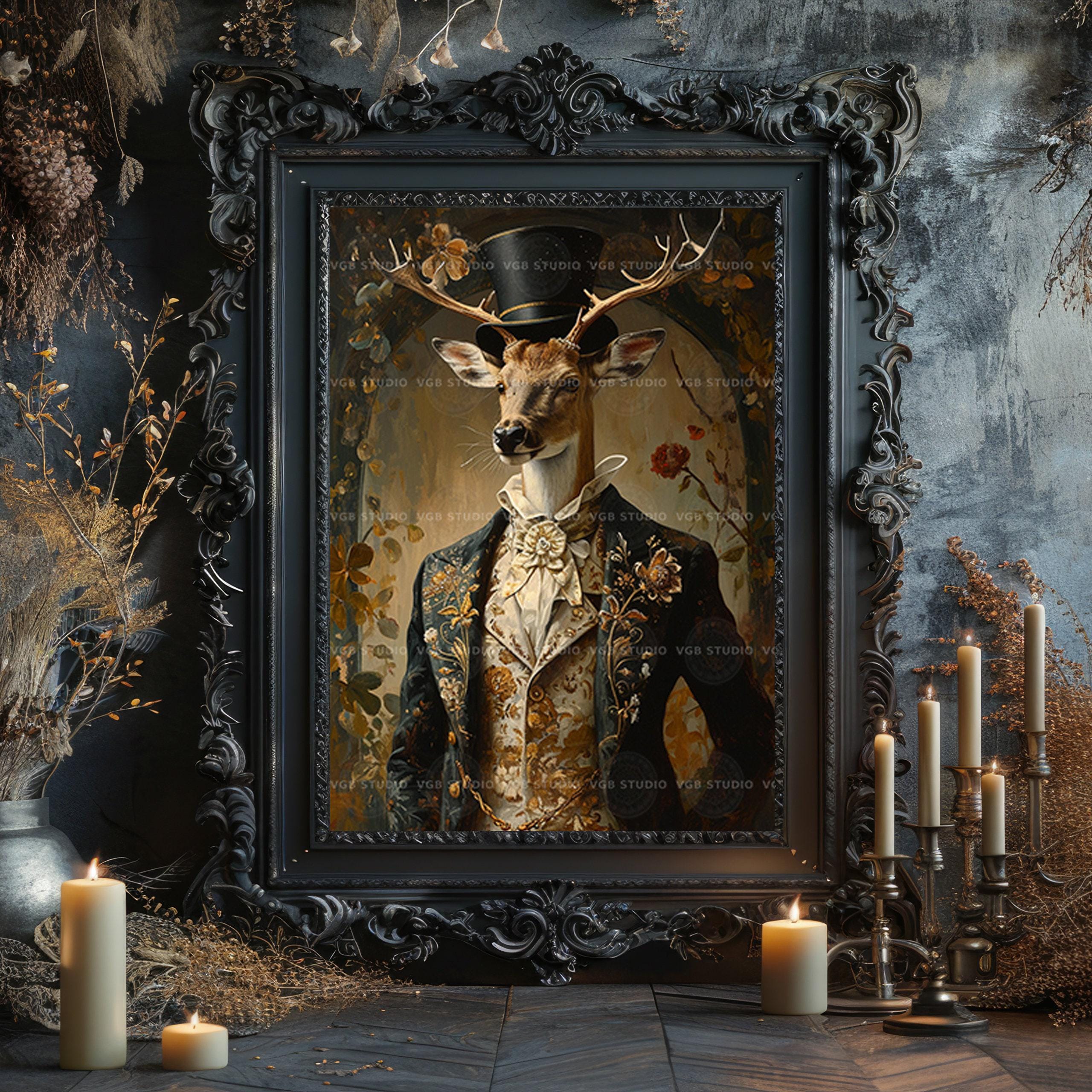 Stag Gentleman Art Print, Baroque Deer in Top Hat and Gold Brocade