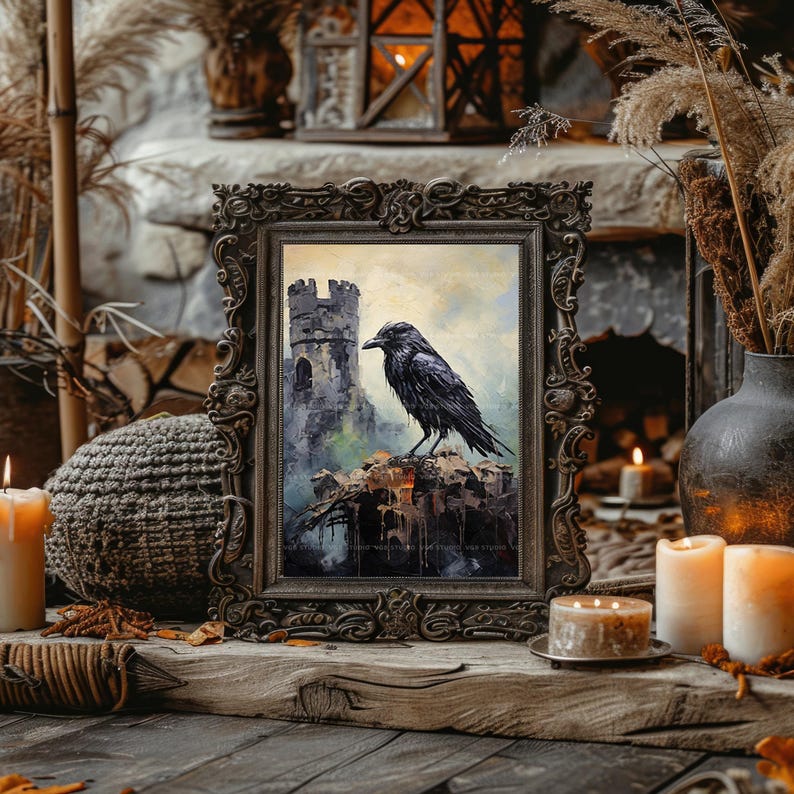 Raven Wall Art Print Gothic Raven Painting Dark Crow Artwork Castle ...