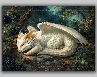 Sleeping White Baby Dragon Art Print Cute Fantasy Creature in Rose