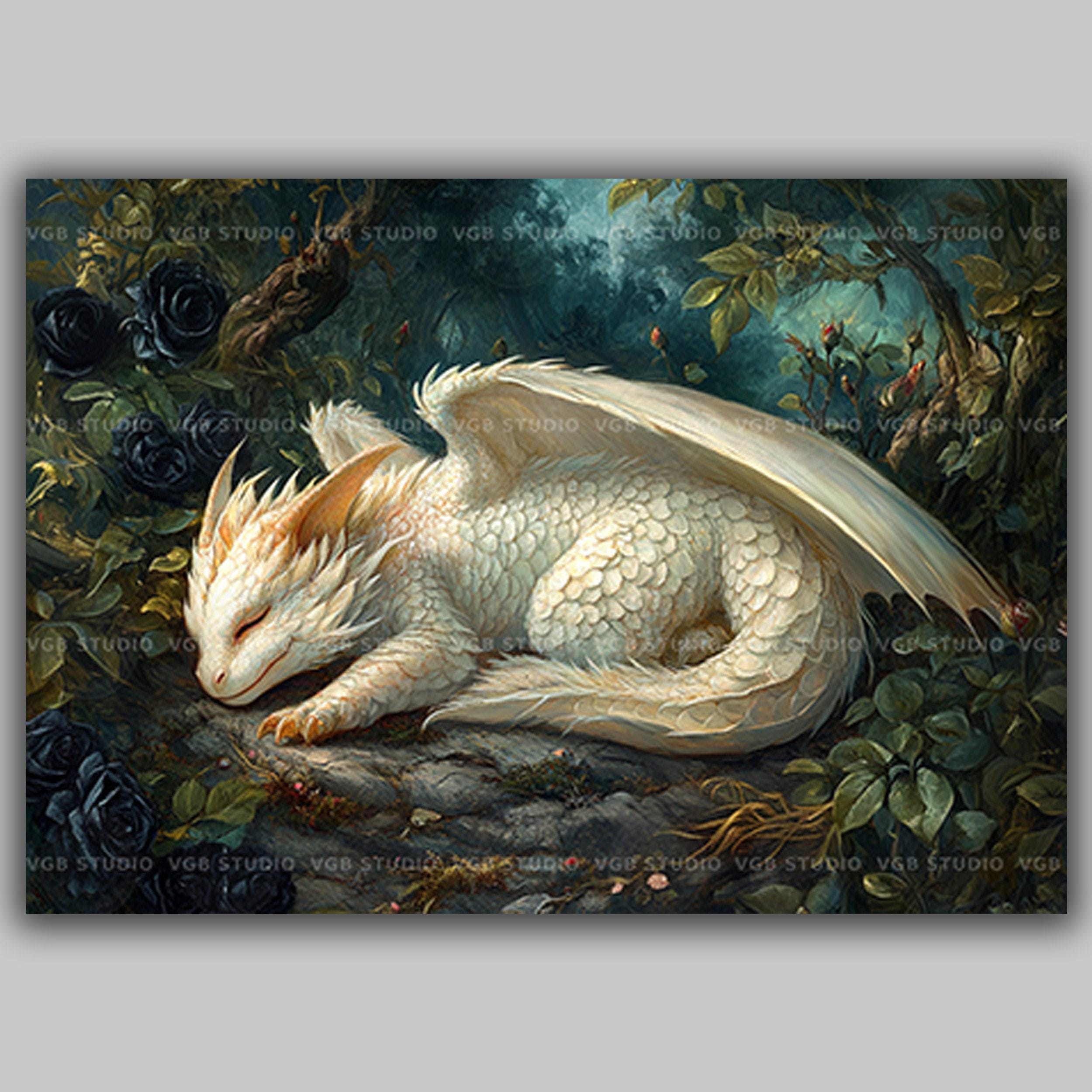 Sleeping White Baby Dragon Art Print Cute Fantasy Creature in Rose