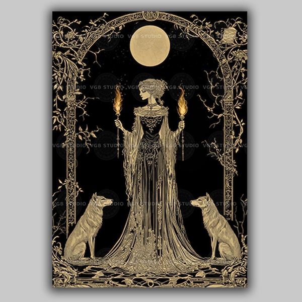 Hecate Wall Art Print, Hekate Greek Goddess of Witchcraft, Moon Torches Dogs, Pagan Altar Decor, Art Nouveau Gothic Witchy Artwork AJ93