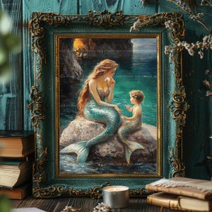 Mermaid Mother Child Art Print Ocean Fantasy Decor Sea Family Painting Whimsical Wall Poster Storybook Illustration Coastal Home Beach AC15 image 2