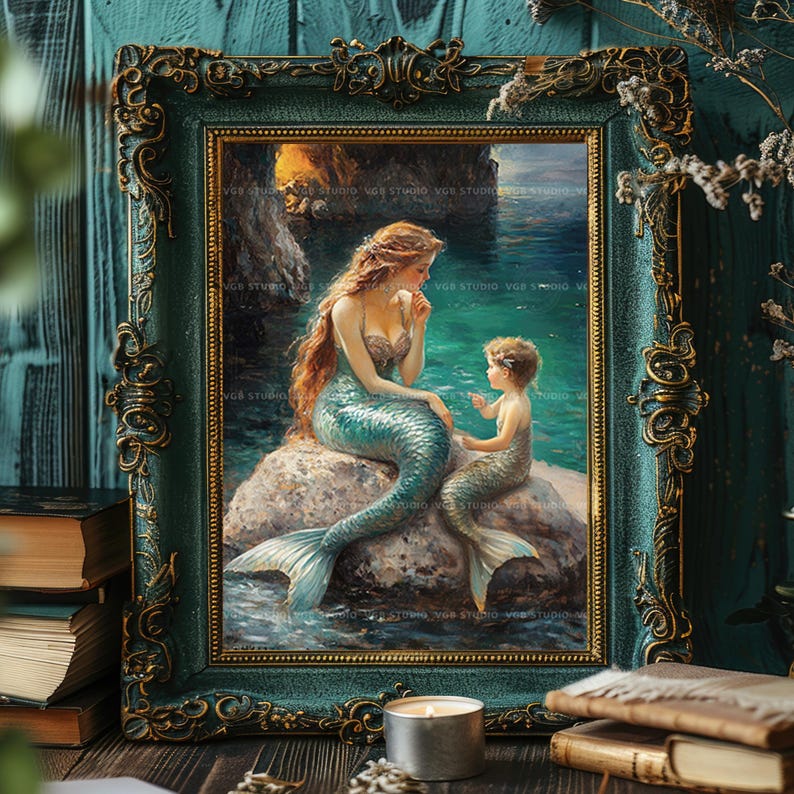 Mermaid Mother Child Art Print Ocean Fantasy Decor Sea Family Painting Whimsical Wall Poster Storybook Illustration Coastal Home Beach AC15 image 2