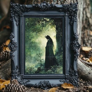 Sadhbh Irish Mythology Art Print, Antlered Deer Woman Silhouette in a Misty Green Forest, Cloaked Celtic Folklore Woodland Wall Decor w58 image 2