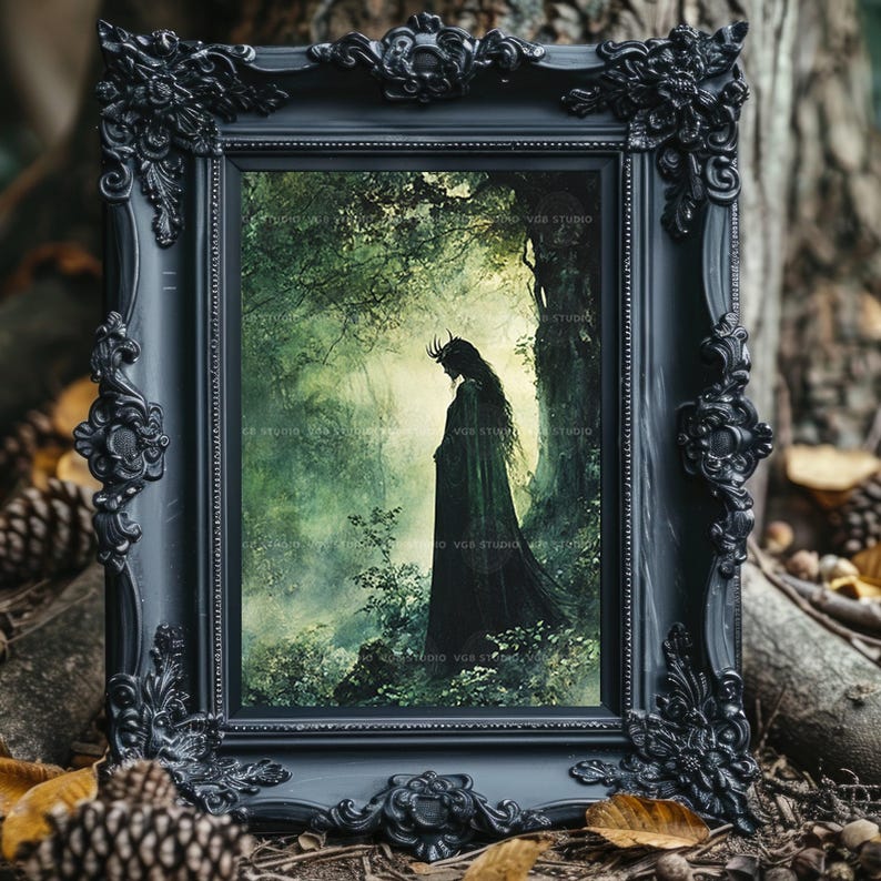 Sadhbh Irish Mythology Art Print, Antlered Deer Woman Silhouette in a Misty Green Forest, Cloaked Celtic Folklore Woodland Wall Decor w58 image 2