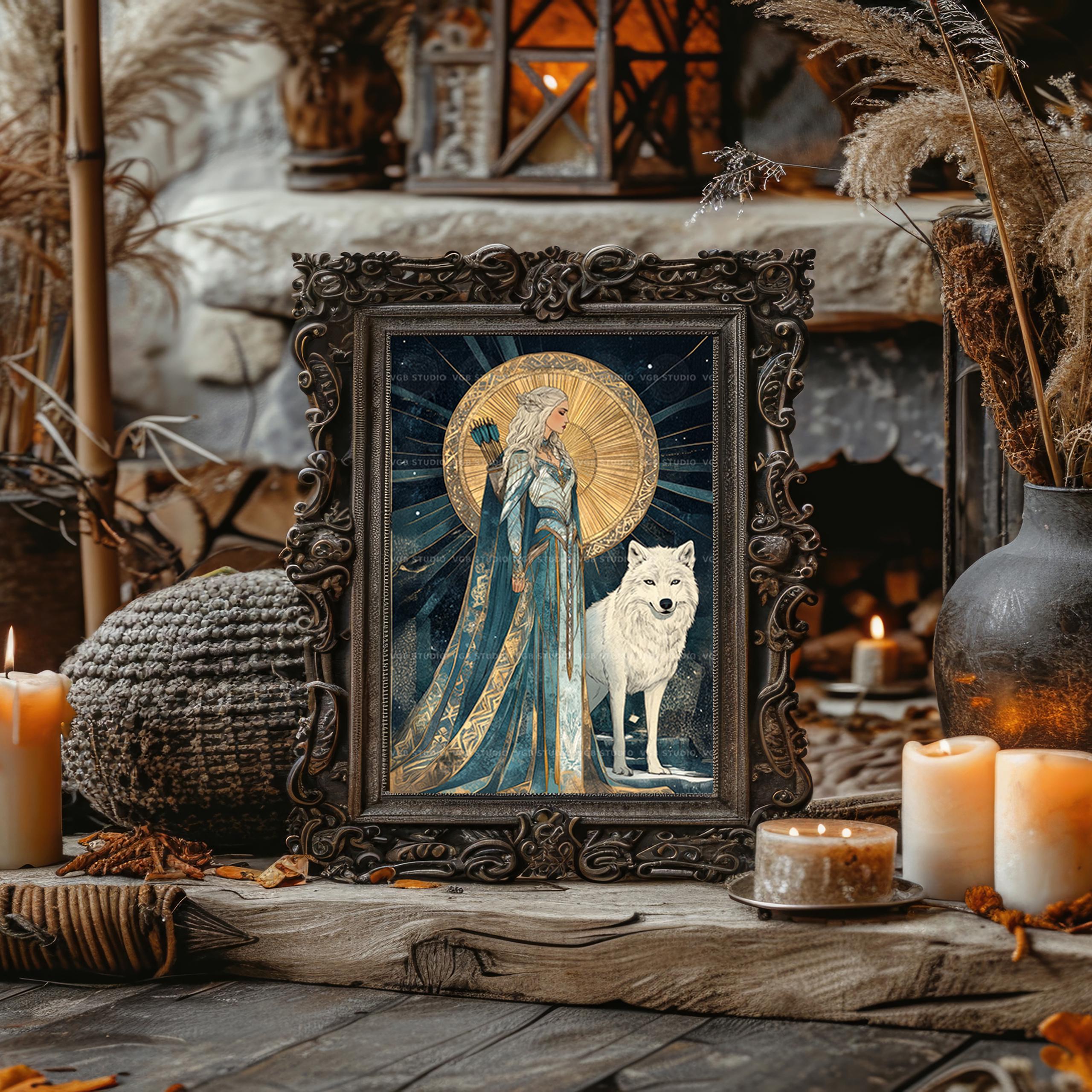 Skadi Goddess Art Print | Norse Huntress With White Wolf Art Nouveau ...