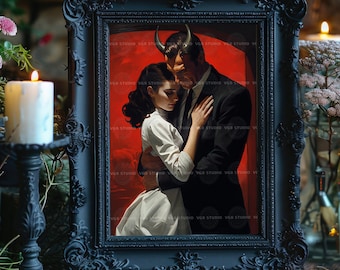 Woman Embracing Devil Dark Romance Print, Devilish Allure Fiery