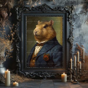 Victorian Capybara Wall Art Print, Dapper Gentleman Portrait in Suit, Whimsical Animal Decor, Dark Academia Vintage Style, Quirky Rodent H40 image 6