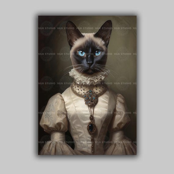 Siamese Cat Art Print, Gothic Victorian Lady Portrait, Blue Eyed Feline in an Ivory Gown, Dark Academia Decor G15