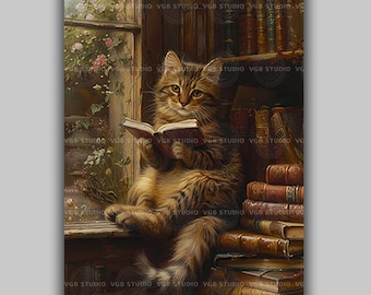 Tabby Cat Painting, Bookworm Library Wall Art, Botanical Window Kitten Print, Bookish Reading Poster, Whimsical Cottagecore Decor AD16