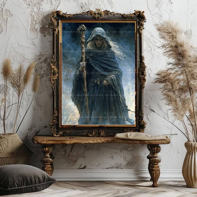 Cailleach Wintergöttin Art Print, Gothic Gothic Folklore, Keltische Folklore Wanddekoration, Crone Hexe Malerei, Heidnische Mythologie Dark Academia Altar Geschenk u92 Bild 8