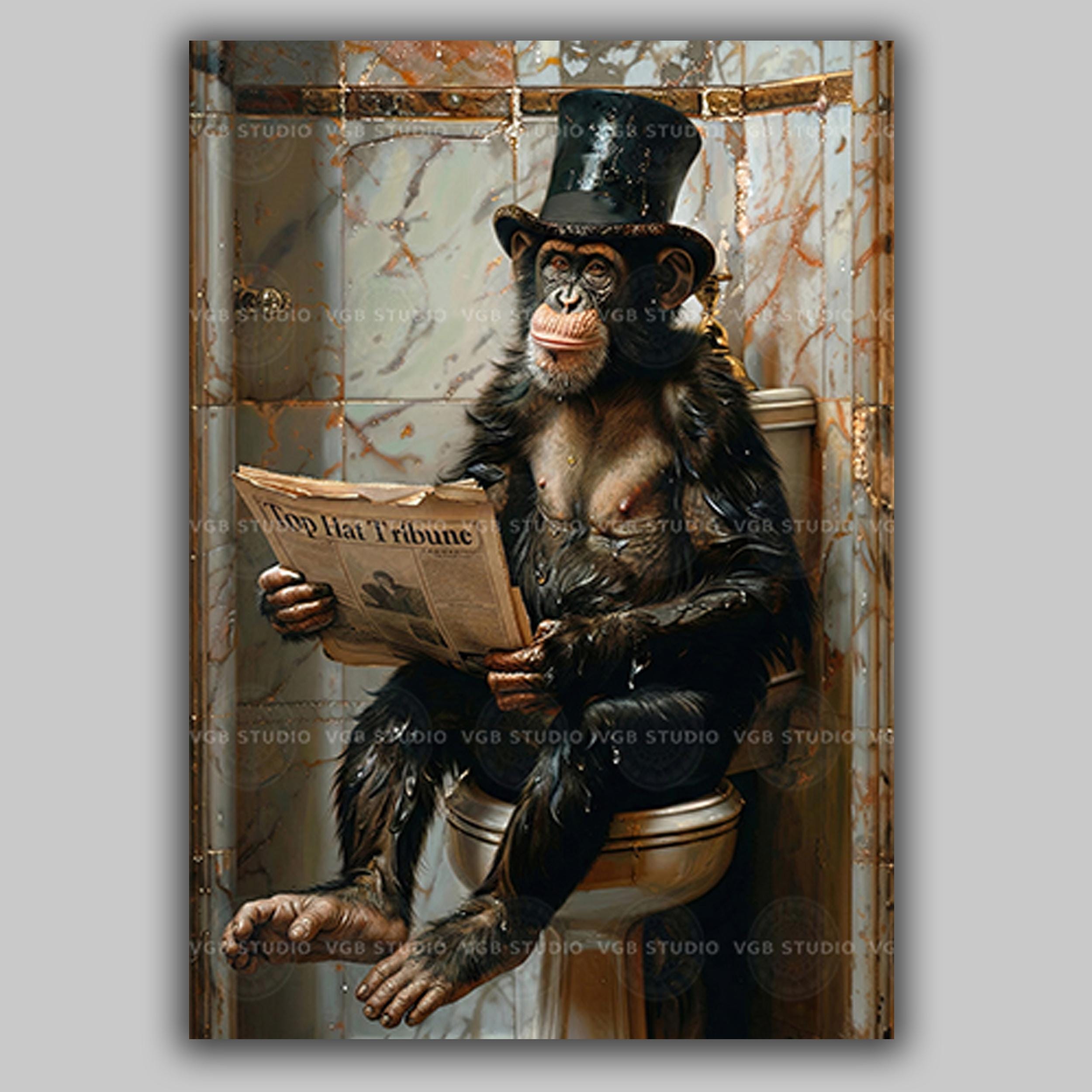 Chimpanzee Art Print Funny Animal Bathroom Decor Top Hat Chimp Reading ...
