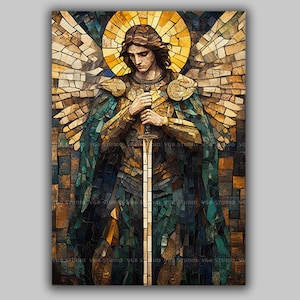 May include: A mosaic-style artwork depicting an angel with large wings and a golden halo, wearing armour and holding a long sword with both hands. The composition features a colour palette of deep teal, dark blue, and gold, with the text VGB STUDIO.