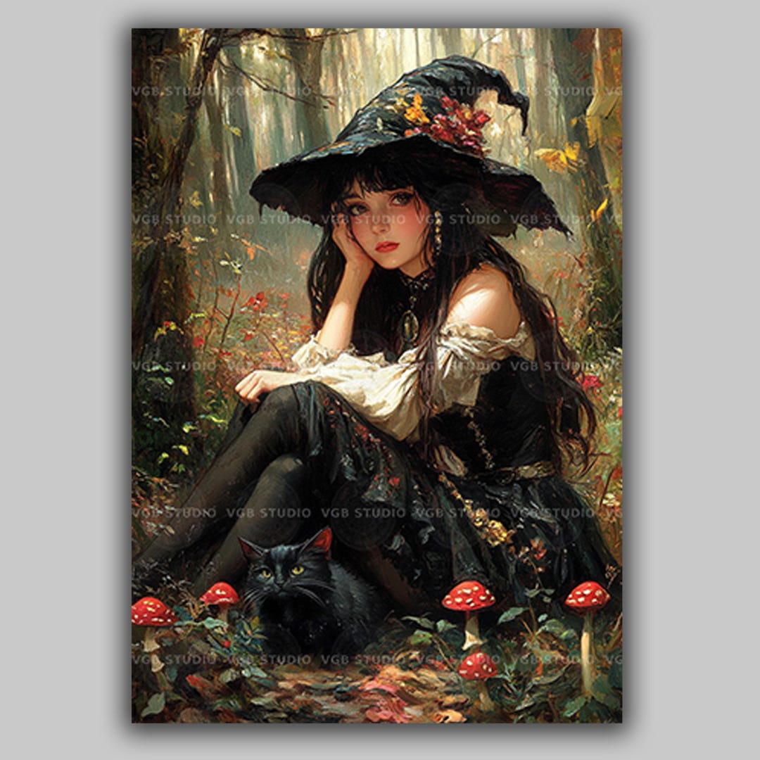 Witch Wall Art Print, Black Cat Familiar in Mushroom Forest Gothic