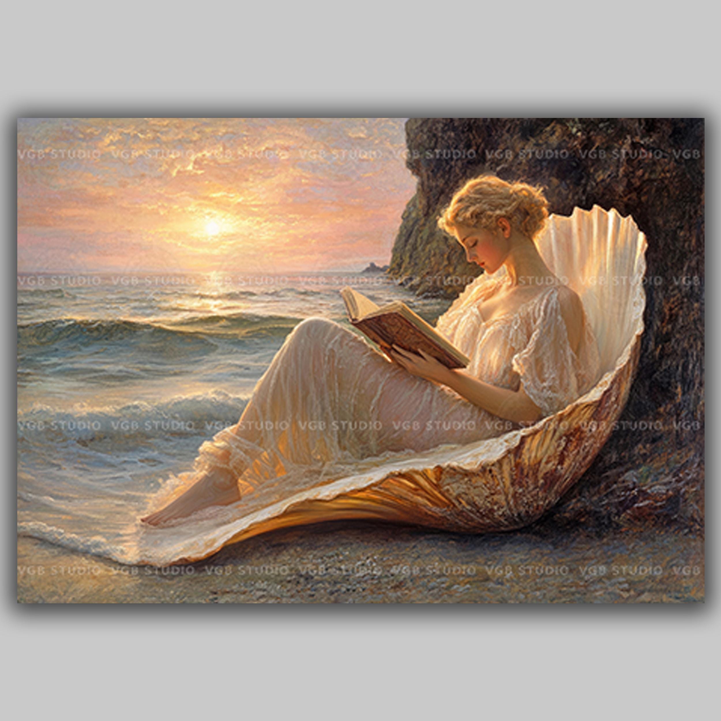 Aphrodite Reading Book Birth of Venus Myth Art, Sea Shore Greek Goddess ...