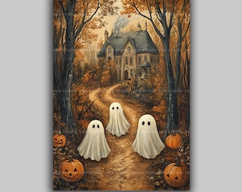May include: A Halloween-themed painting depicts a haunted house on a winding path, surrounded by trees with orange leaves. Three white ghosts with black eyes float on the path, with carved pumpkins on either side. The artwork evokes a spooky autumn scene.