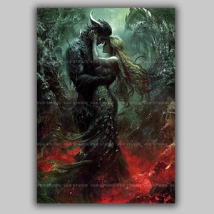 Romantasy Wall Art Print, Demon Prince and Mortal Woman Embrace, Underworld Hellscape, Dark Fantasy Book Lover Decor w91 image 1