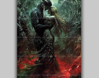 Romantasy Wall Art Print, Demon Prince and Mortal Woman Embrace, Underworld Hellscape, Dark Fantasy Book Lover Decor w91