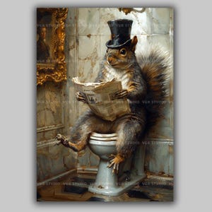 Squirrel Gentleman Top Hat Reading Newspaper on Royal Toilet Whimsical Fine Art Giclee Baroque Painting Wall Art Poster Watercolor L32