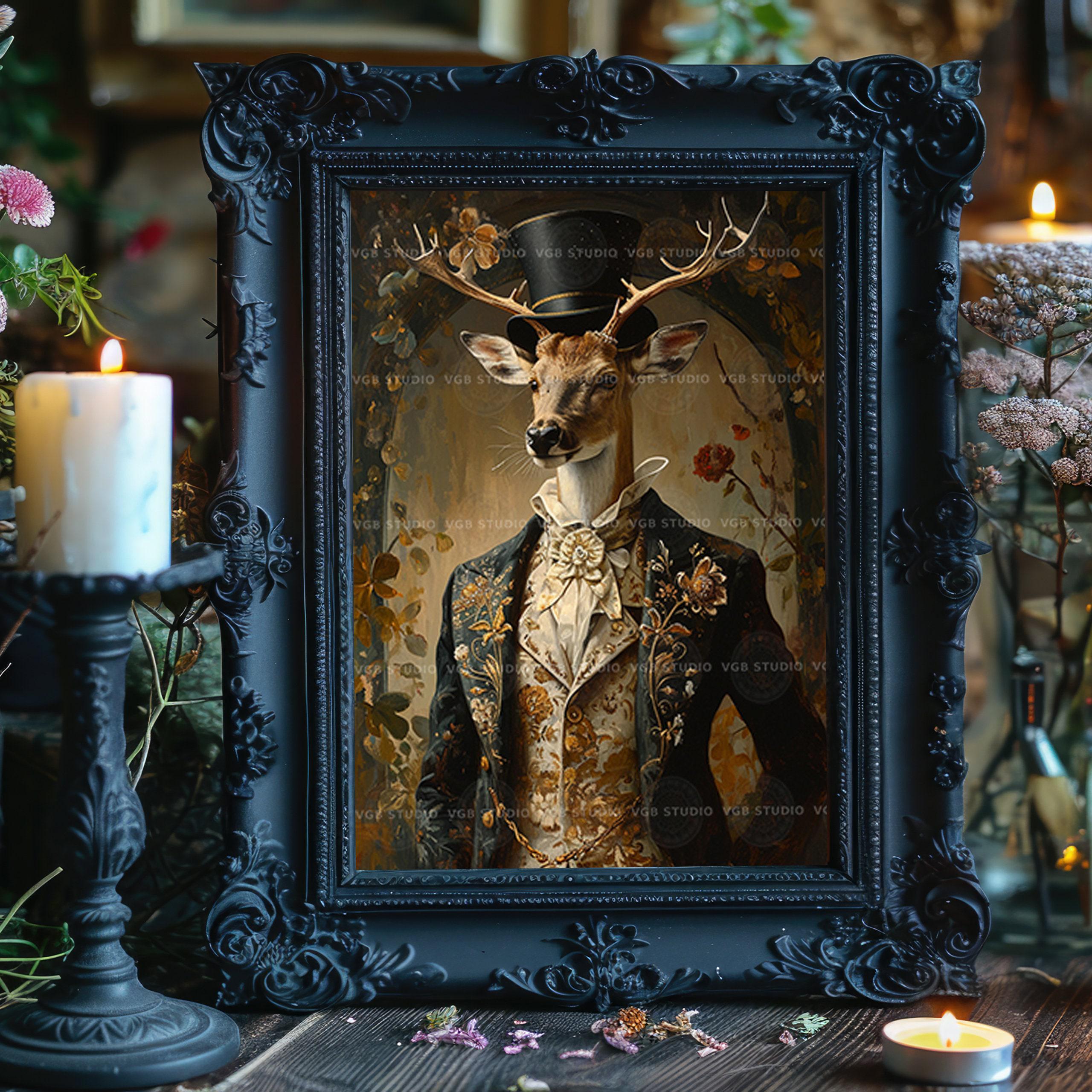 Deer Portrait With Top Hat Art Print | Victorian Gentleman Animal