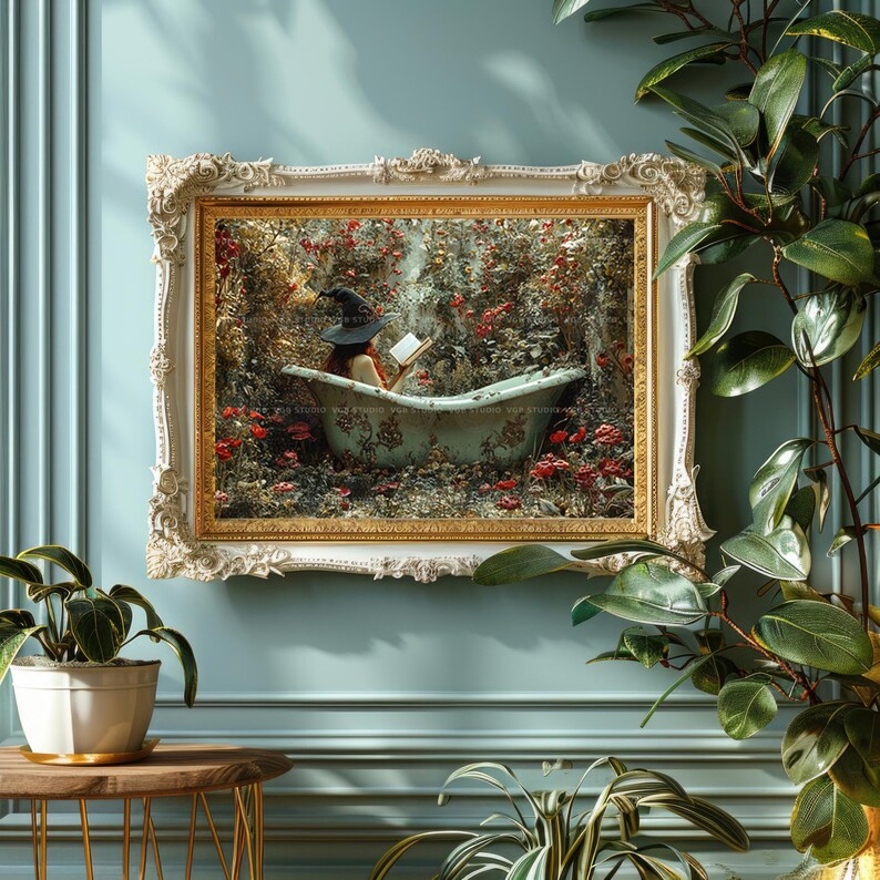 Bruja en la bañera, lámina decorativa para pared, leyendo un libro en un jardín floral, baño de brujas, estilo cottagecore oscuro, fantasía, póster horizontal Whimsigoth S86 imagen 8