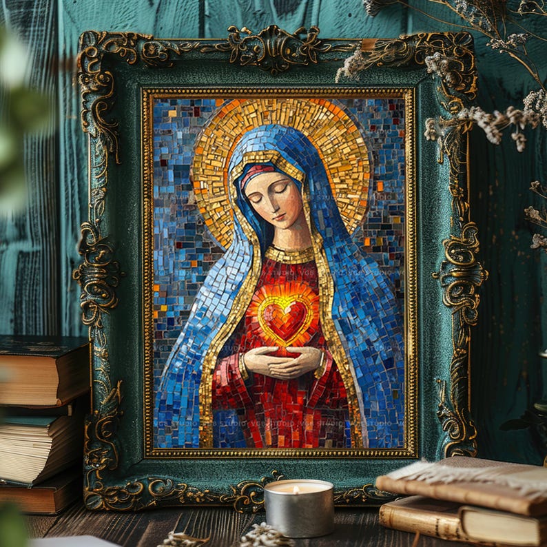 May include: A framed mosaic artwork depicting a religious figure with a blue veil and a golden halo. The figure holds a heart with flames. The frame is ornate, with a dark green finish and gold accents.