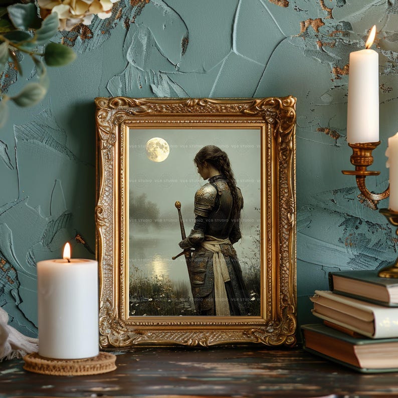 Lady Knight Art Print Medieval Fantasy Woman Warrior Wall Decor Moonlight Sword Lake Arthurian Legend Romantic Armor Chivalry Heroine AH04 image 4