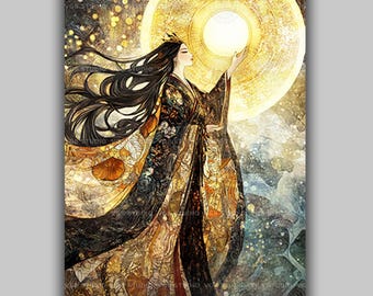 天照大御神のアートプリント：日本の太陽神、神道神話の絵画、天の神光