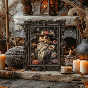 Frog Gentleman Wall Art Print, Victorian Toad In Top Hat, Floral Whimsical Animal Portrait, Dapper Cottagecore Decor, Dark Academia Gift P62 image 6