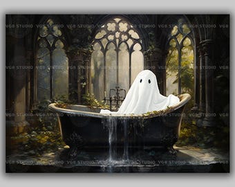 Whimsical Ghost Bath Wall Art Print Playful Spirit Illustration Enchanted Bathroom Decor Painting Storybook Fantasy Gothic Humor E01