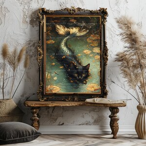Mermaid Cat Fantasy Print Mystical Black Cat with Fish Tail in Enchanted Pond Dragonflies Autumn Leaves Cozy Cottagecore Animal Art AC63 image 8